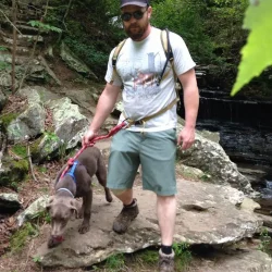 A man in a graphic t-shirt and hat hiking with a dog on a leash on a rocky forest trail.